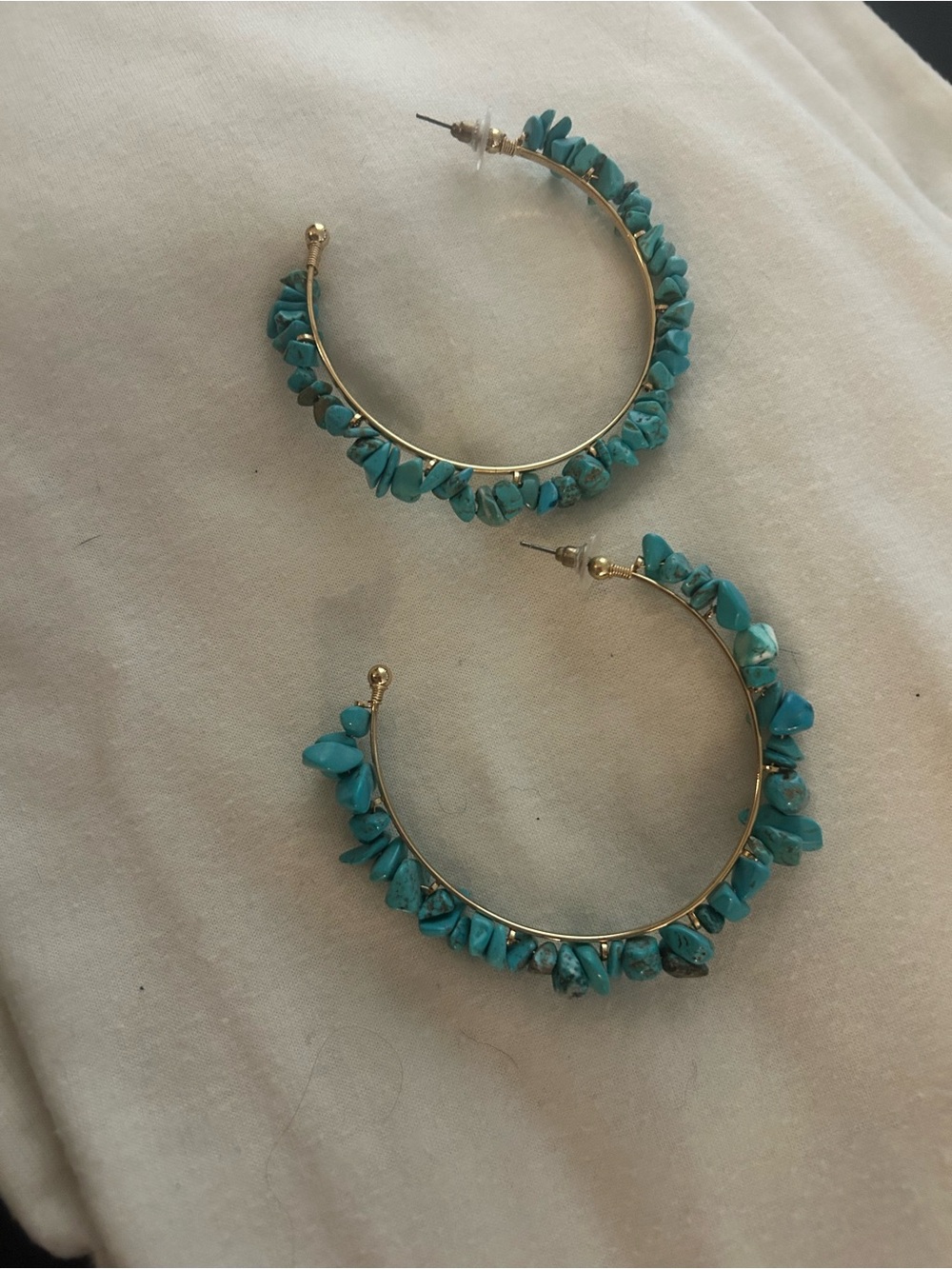 Gold Hoop Earrings with Turquoise Stone Chips